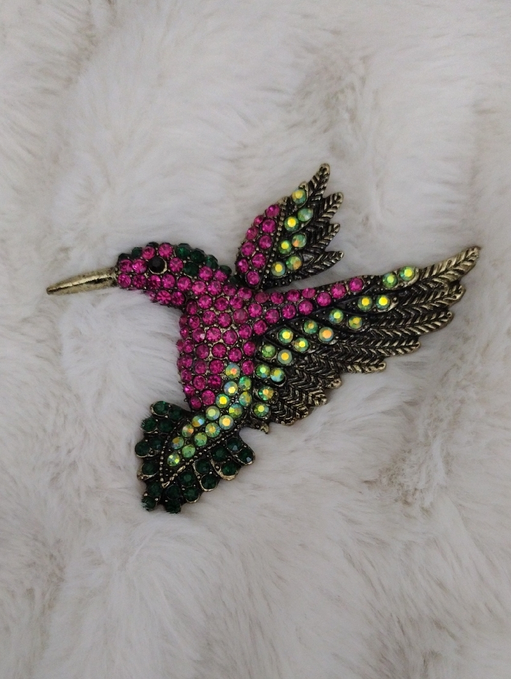 Decorative Hummingbird Bird Brooch in Pink, Green and Gold